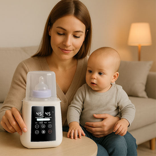 maman bébé regarde chauffe biberon