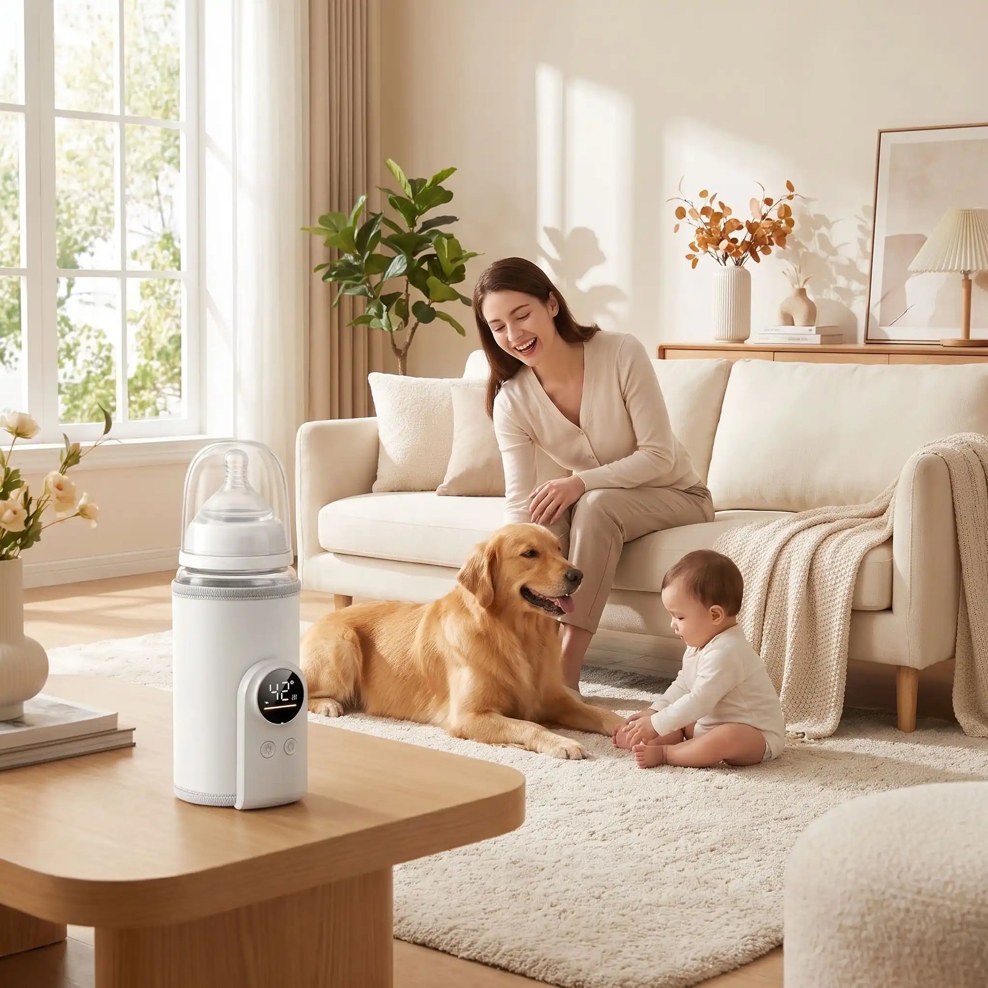 chauffe-biberon nomade bébé joue avec chien
