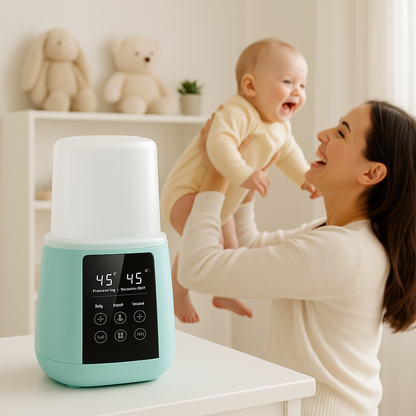 maman bébé joue chauffe biberon bleu