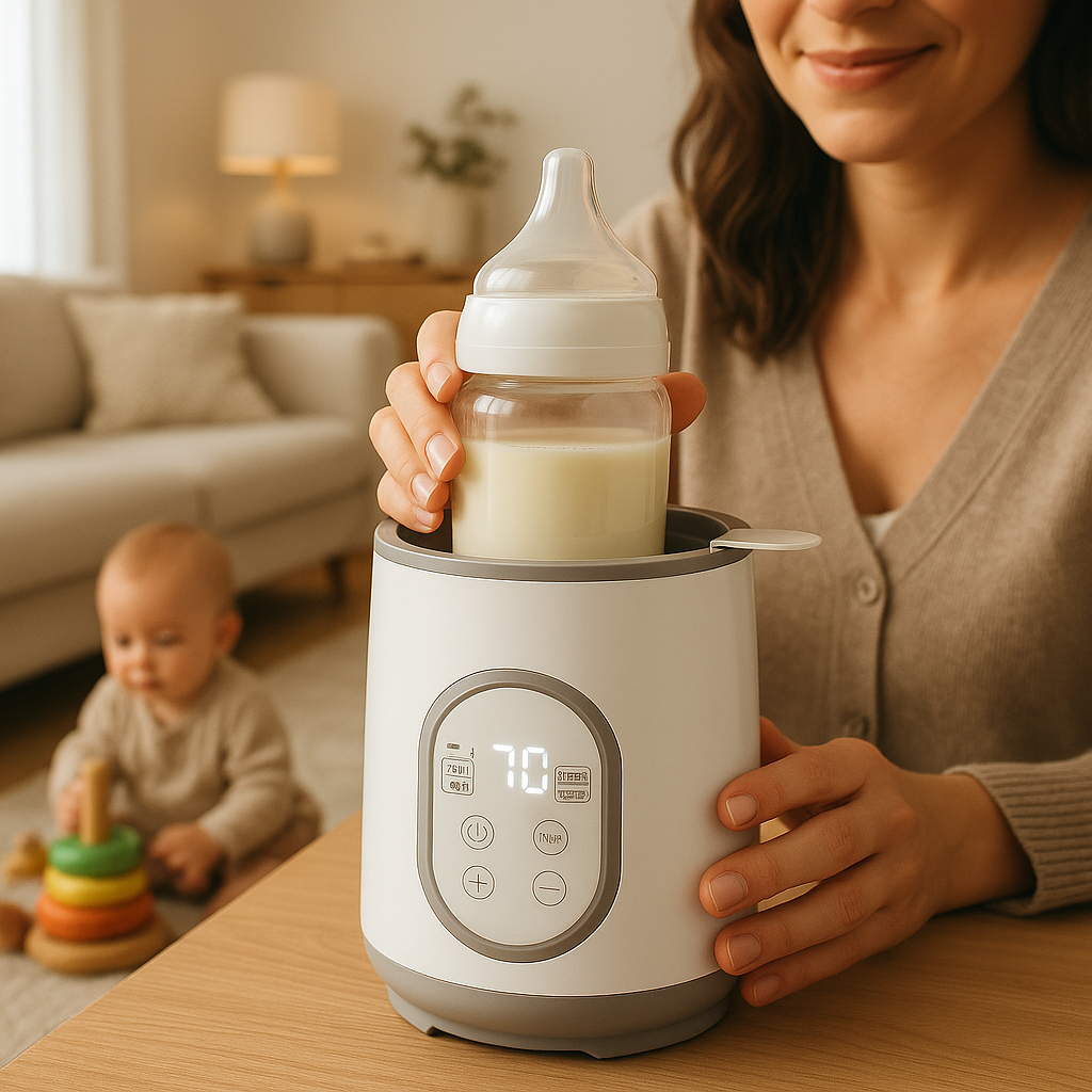 maman prépare lait bébé joue